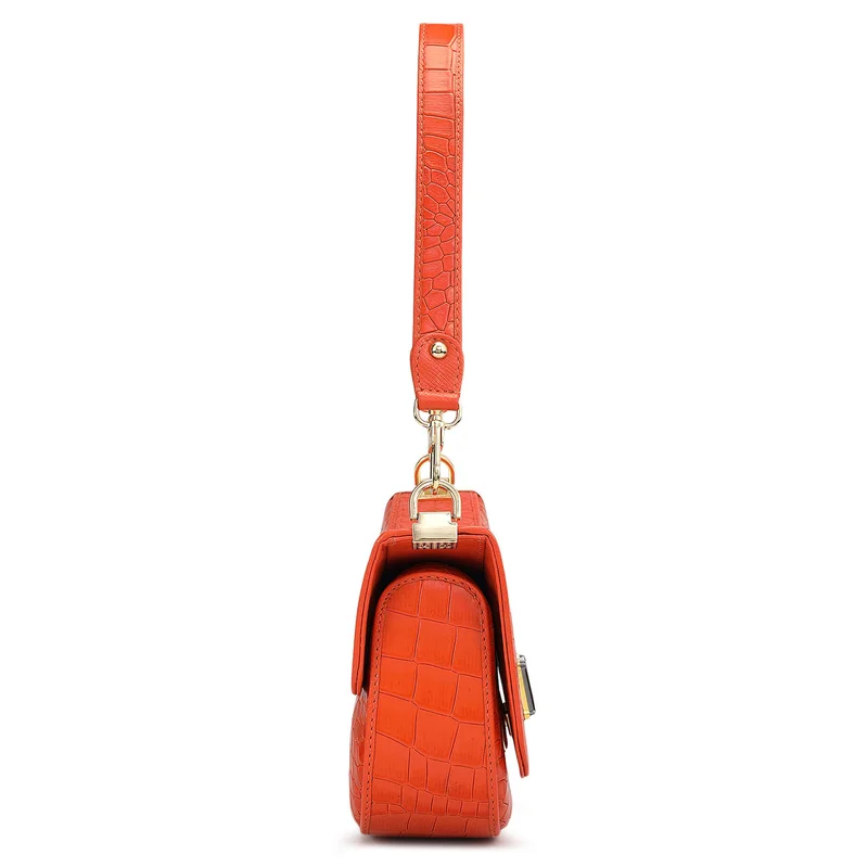 Da Milano Pumpkin Small Croco Leather Baguette - Pumpkin for Women | Best Price UAE